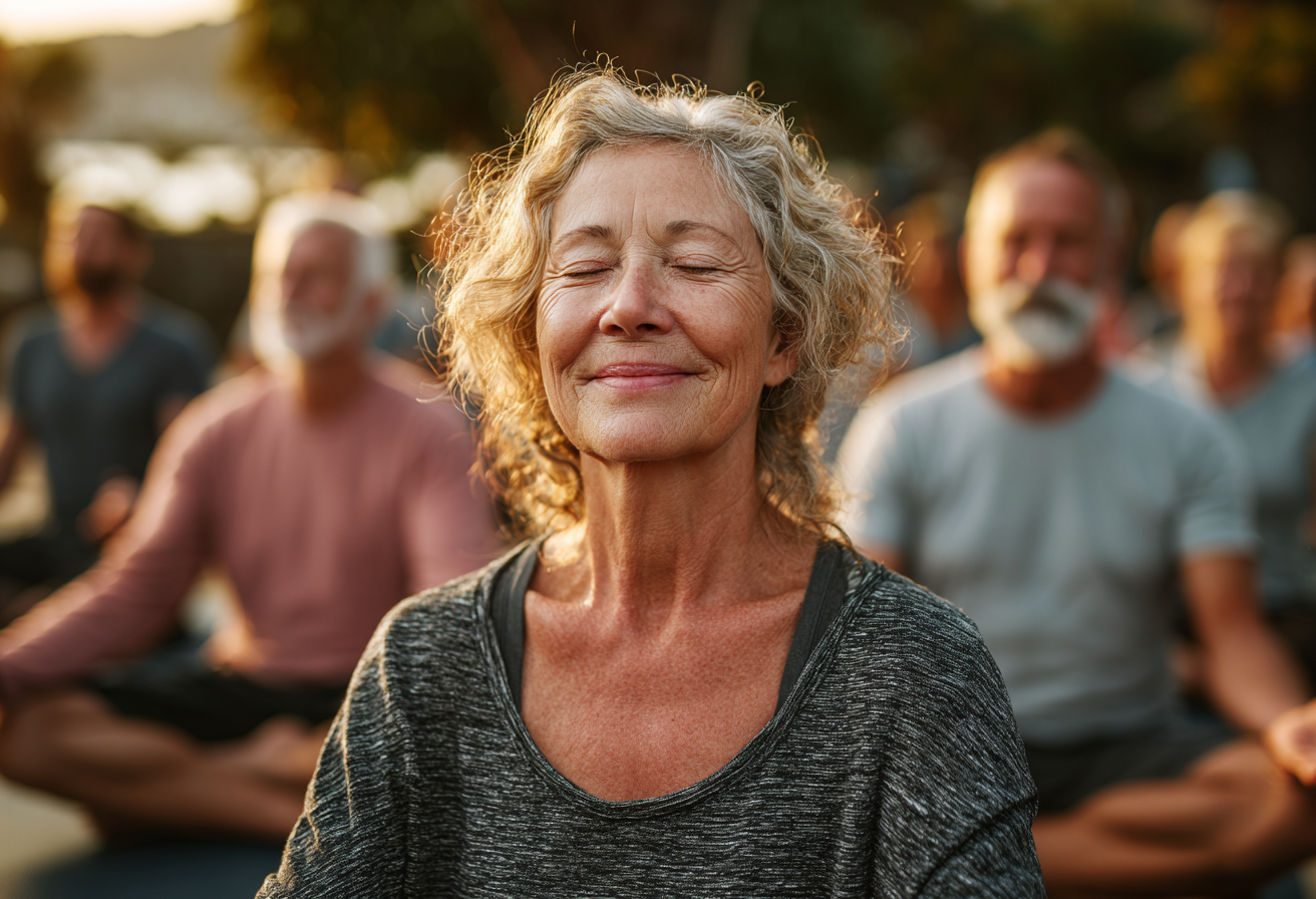 Grup de persoane mature practicând yoga în natură